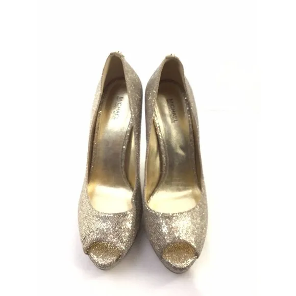 Michael Kors Gold Shimmer Slip On Peep Toe High Heel Pumps Shoes Women's Size 9