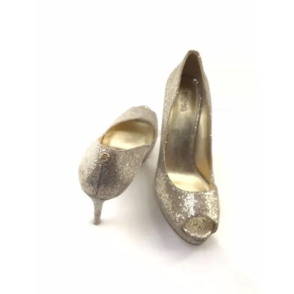 Michael Kors Gold Shimmer Slip On Peep Toe High Heel Pumps Shoes Women's Size 9