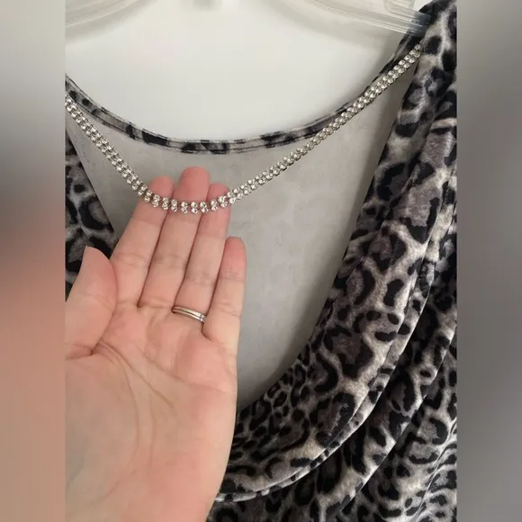 Michael Kors Gray Velvet Cheetah Print Dress with Cowl Back and rhinestone chain