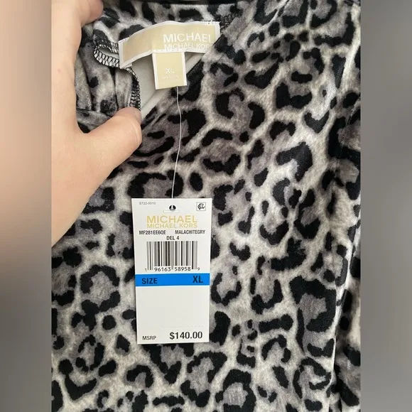 Michael Kors Gray Velvet Cheetah Print Dress with Cowl Back and rhinestone chain