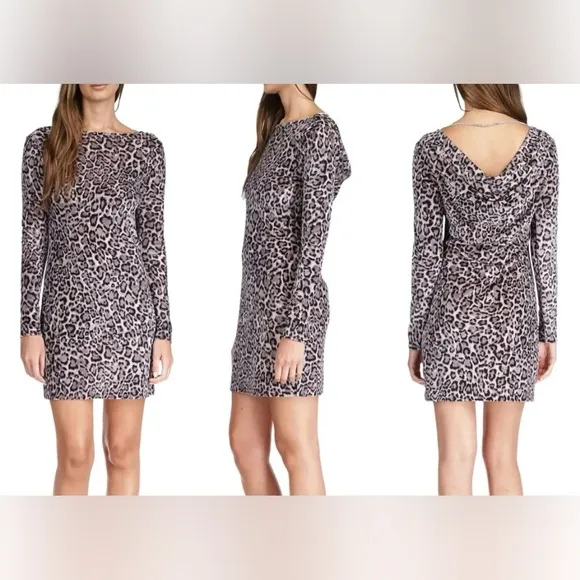 Michael Kors Gray Velvet Cheetah Print Dress with Cowl Back and rhinestone chain