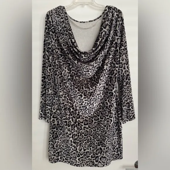 Michael Kors Gray Velvet Cheetah Print Dress with Cowl Back and rhinestone chain