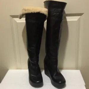 Michael Michael Kors women knee high leather wedge boots faux fur cuff size 7.5