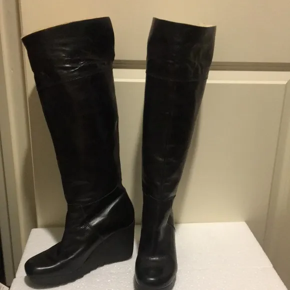 Michael Michael Kors women knee high leather wedge boots faux fur cuff size 7.5
