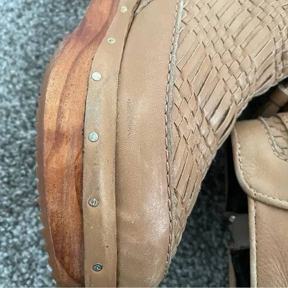 Miista Ankle Boots Women’s 8.5/ EU 39 Tan Woven Leather Low Platform Wooden Heel