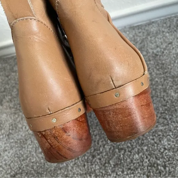 Miista Ankle Boots Women’s 8.5/ EU 39 Tan Woven Leather Low Platform Wooden Heel