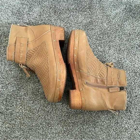 Miista Ankle Boots Women’s 8.5/ EU 39 Tan Woven Leather Low Platform Wooden Heel