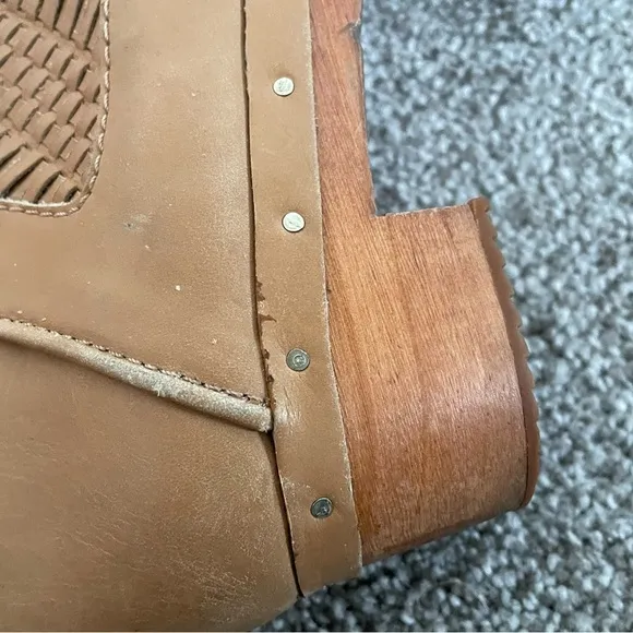 Miista Ankle Boots Women’s 8.5/ EU 39 Tan Woven Leather Low Platform Wooden Heel
