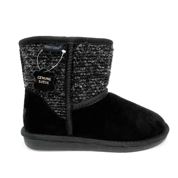 Minnetonka Olympia Mini Short Boots Women’s Size 8 Black Suede Gray Boucle New!