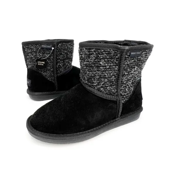 Minnetonka Olympia Mini Short Boots Women’s Size 8 Black Suede Gray Boucle New!
