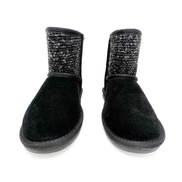 Minnetonka Olympia Mini Short Boots Women’s Size 8 Black Suede Gray Boucle New!