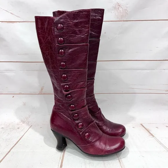 Miz Mooz Astor Burgundy Wine Leather Victorian Steampunk Button Tall Boots