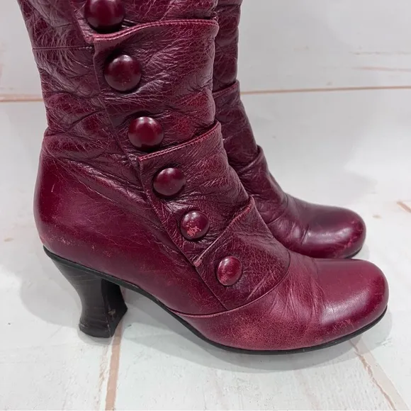 Miz Mooz Astor Burgundy Wine Leather Victorian Steampunk Button Tall Boots