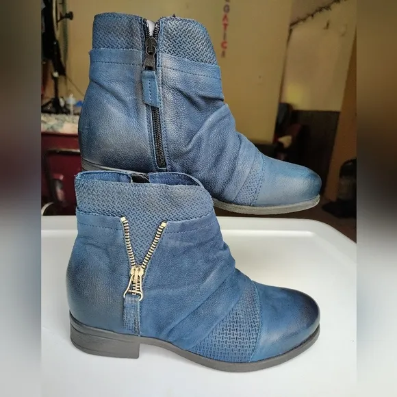 Miz Mooz Leather Sunny Ankle Boots blue Women's, Zipper, Western,sz EU37, 6.5-7.