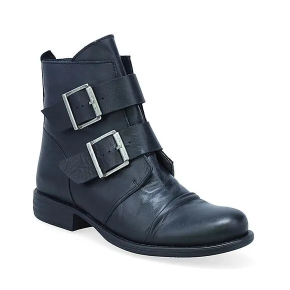 Miz Mooz Limelight Boot Black Ruched Leather Size 8.5 NWOB Stylish Buckle Detail