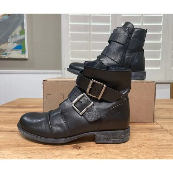 Miz Mooz Limelight Boot Black Ruched Leather Size 8.5 NWOB Stylish Buckle Detail