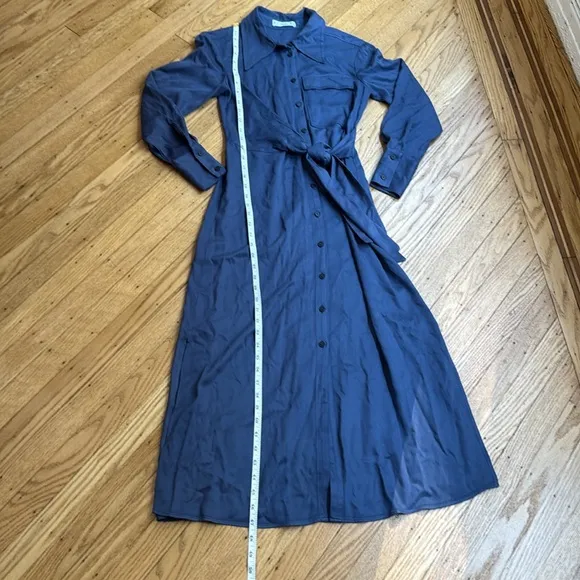 MNG Mango Blue Button Front Long Sleeve Belted Shirt Midi Dress XS