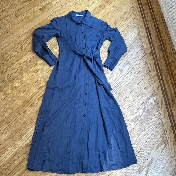 MNG Mango Blue Button Front Long Sleeve Belted Shirt Midi Dress XS