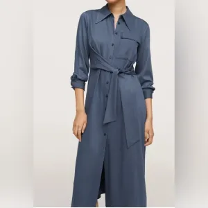 MNG Mango Blue Button Front Long Sleeve Belted Shirt Midi Dress XS