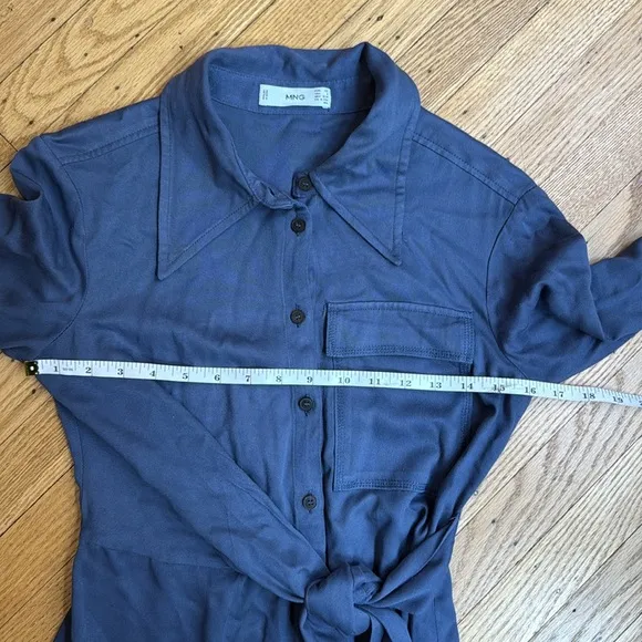 MNG Mango Blue Button Front Long Sleeve Belted Shirt Midi Dress XS