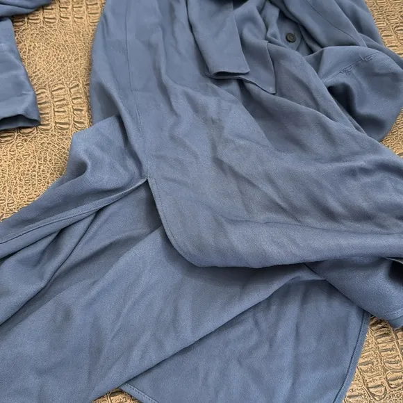 MNG Mango Blue Button Front Long Sleeve Belted Shirt Midi Dress XS