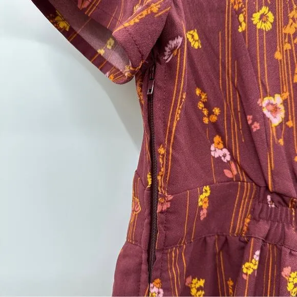 ModCloth Lively Identity Burgundy Floral Short Sleeve‎ Mini Dress Size L NEW