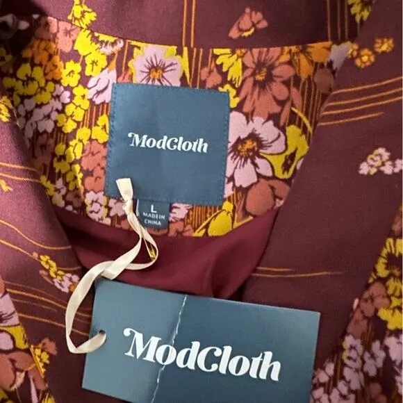 ModCloth Lively Identity Burgundy Floral Short Sleeve‎ Mini Dress Size L NEW