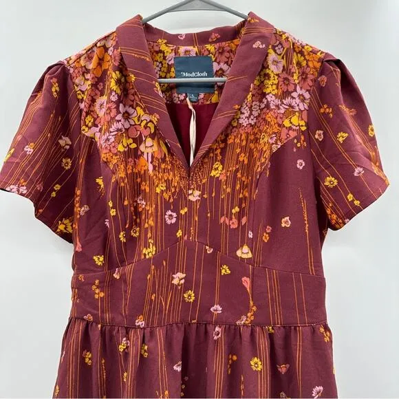 ModCloth Lively Identity Burgundy Floral Short Sleeve‎ Mini Dress Size L NEW
