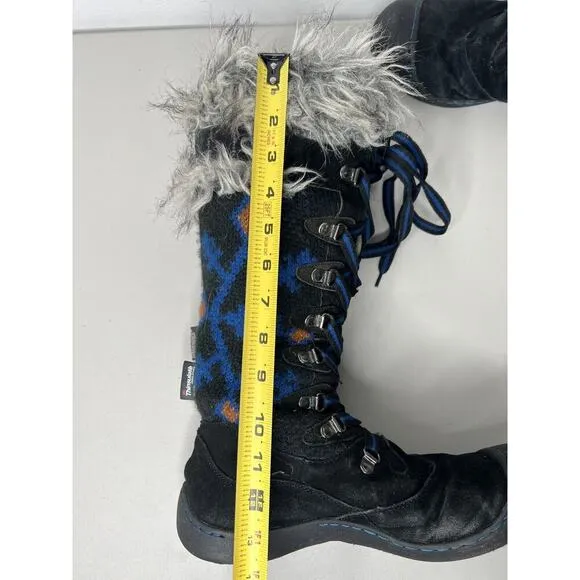 MUK LUKS Gwen Tall Lace Up Faux Fur Lined Black Blue Thinsulated Size 10