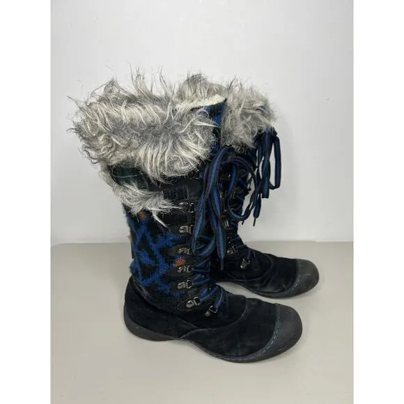 MUK LUKS Gwen Tall Lace Up Faux Fur Lined Black Blue Thinsulated Size 10