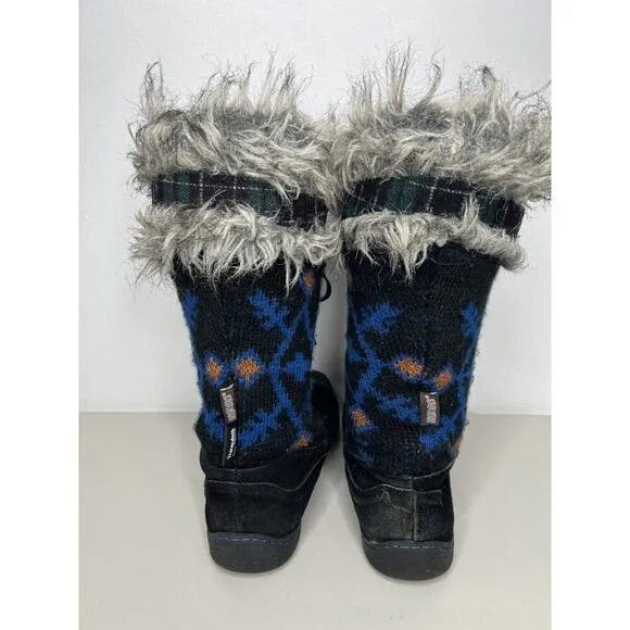 MUK LUKS Gwen Tall Lace Up Faux Fur Lined Black Blue Thinsulated Size 10