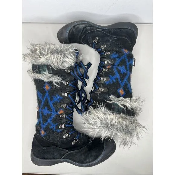 MUK LUKS Gwen Tall Lace Up Faux Fur Lined Black Blue Thinsulated Size 10