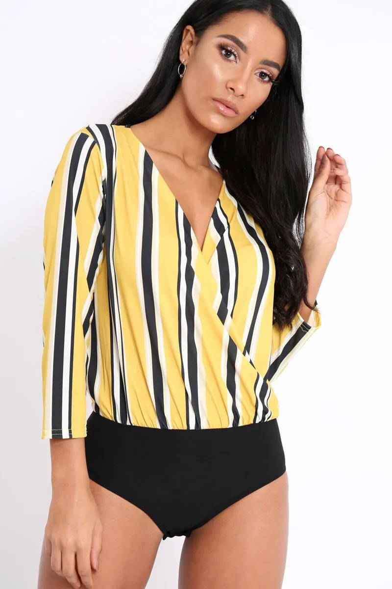 Mustard Striped Wrap Front Plunge Bodysuit - Edie