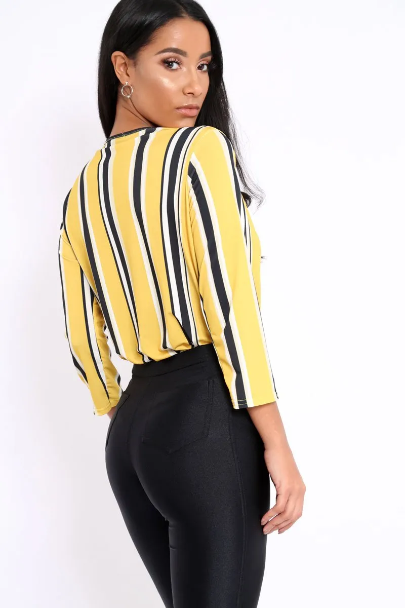 Mustard Striped Wrap Front Plunge Bodysuit - Edie