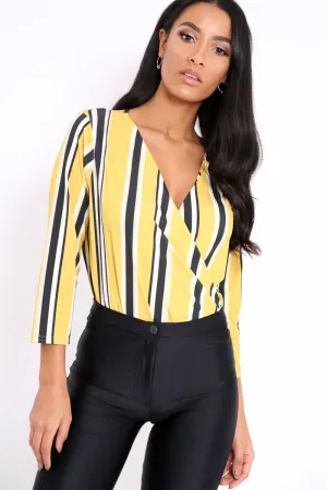 Mustard Striped Wrap Front Plunge Bodysuit - Edie
