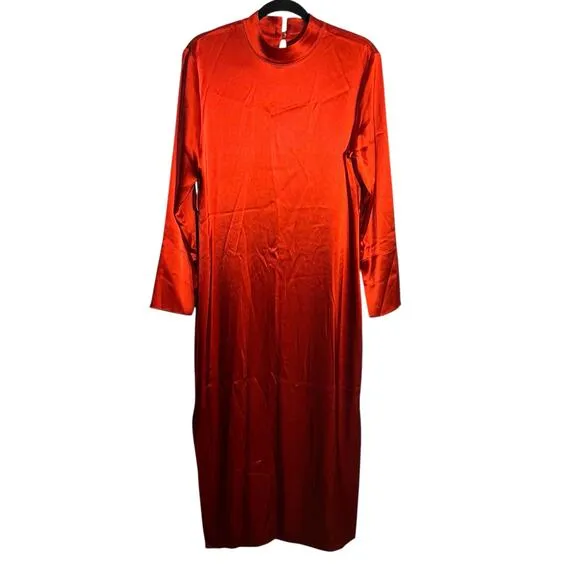 Nanushka Rust Red Satin Midi Dress Long Sleeve Mock Neck Minimalist Size M