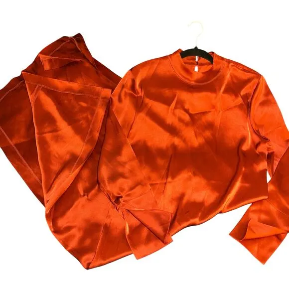 Nanushka Rust Red Satin Midi Dress Long Sleeve Mock Neck Minimalist Size M
