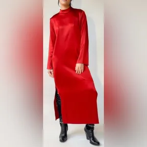 Nanushka Rust Red Satin Midi Dress Long Sleeve Mock Neck Minimalist Size M