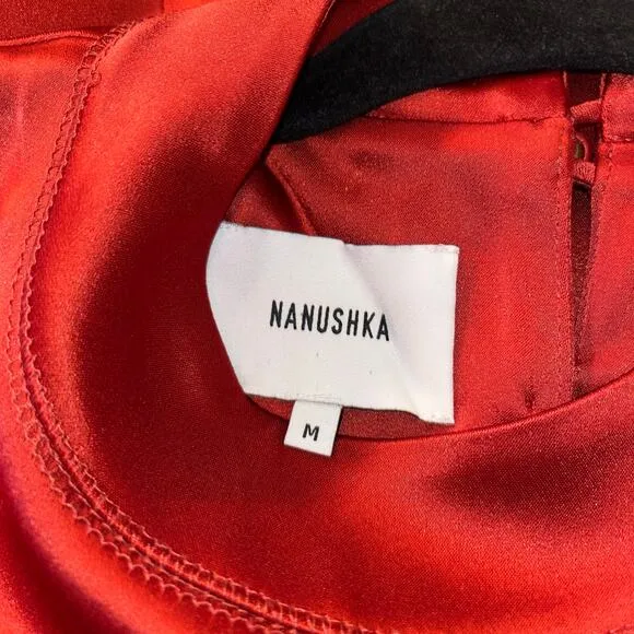 Nanushka Rust Red Satin Midi Dress Long Sleeve Mock Neck Minimalist Size M