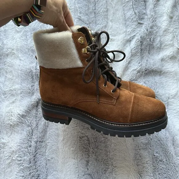 NAPOLEONI Suede Lace Up Ankle Boots With Fur Shearling Trim 10 10.5 41 $445