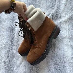 NAPOLEONI Suede Lace Up Ankle Boots With Fur Shearling Trim 10 10.5 41 $445