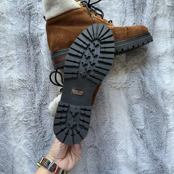 NAPOLEONI Suede Lace Up Ankle Boots With Fur Shearling Trim 10 10.5 41 $445
