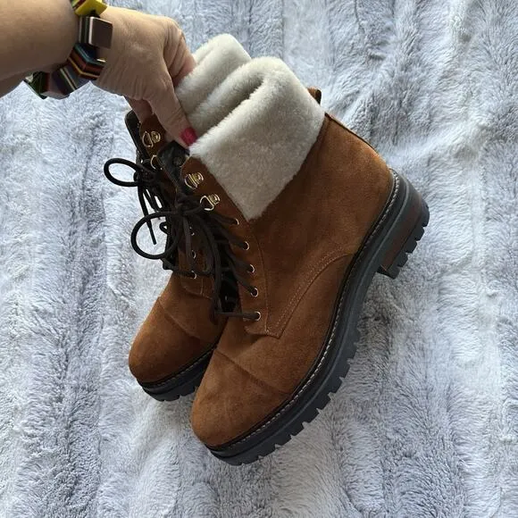 NAPOLEONI Suede Lace Up Ankle Boots With Fur Shearling Trim 10 10.5 41 $445