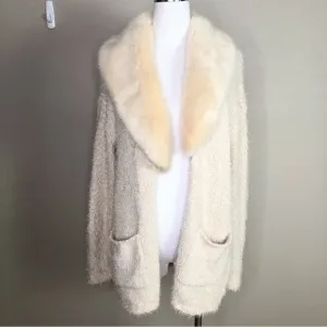 Neutral cream cozy chenille cardigan sweater with faux fur removable collar S