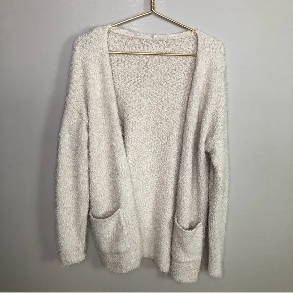 Neutral cream cozy chenille cardigan sweater with faux fur removable collar S