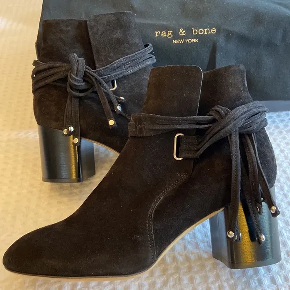 NEW $495! rag &amp; bone DALIA II BOOT Size 37 7 Black Suede Leather Ankle Boots
