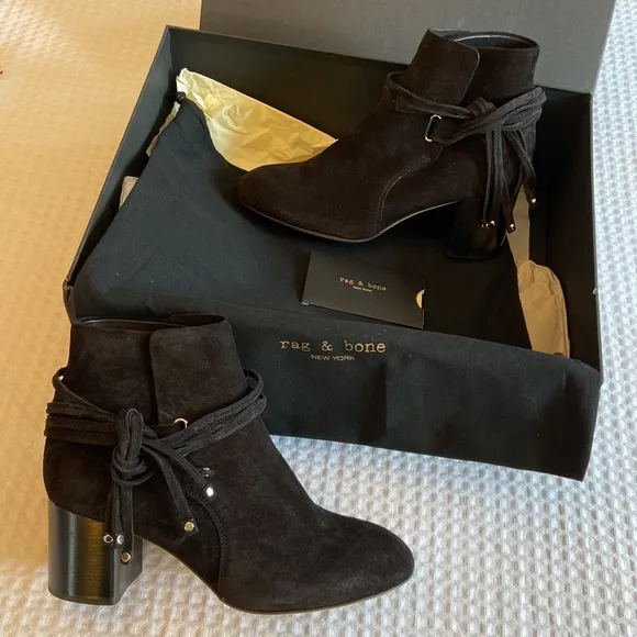 NEW $495! rag &amp; bone DALIA II BOOT Size 37 7 Black Suede Leather Ankle Boots