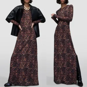 New ALL SAINTS Katlyn Evita Leopard Print‎ Split Hem Long Sleeve Maxi Dress