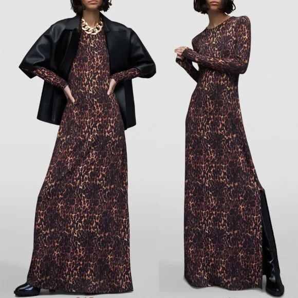 New ALL SAINTS Katlyn Evita Leopard Print‎ Split Hem Long Sleeve Maxi Dress