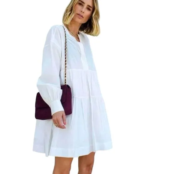 NEW! Anine Bing L Addison Cotton Babydoll Shirt Dress  Poplin Long Sleeves White